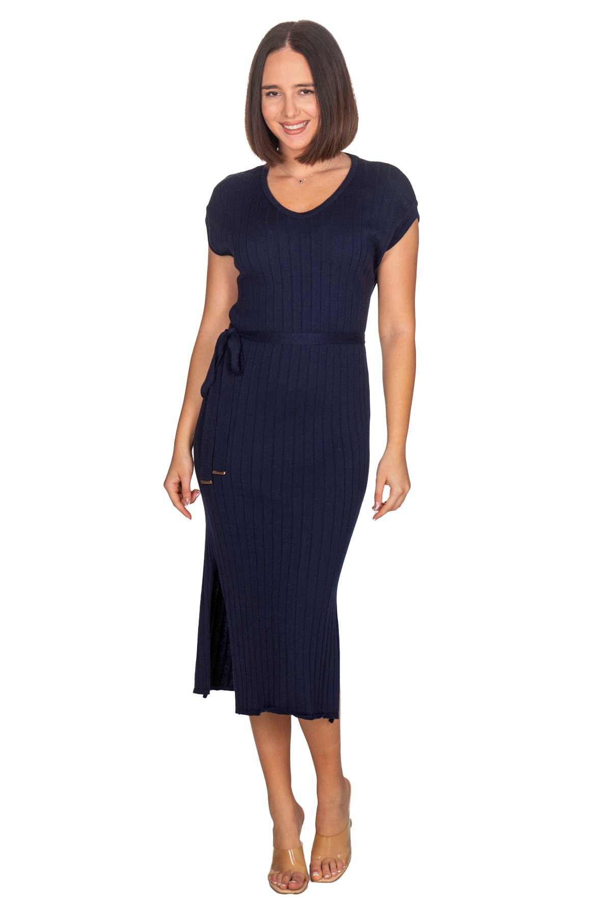 Φόρεμα με πλέξη ριπ ,100% βαμβακερό - Μπλε 13104
