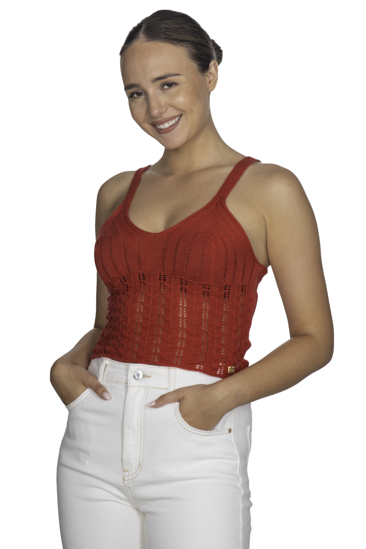 Μπλουζάκι βαμβακερό, τιραντέ με πλέξη - Κόκκινο 13192